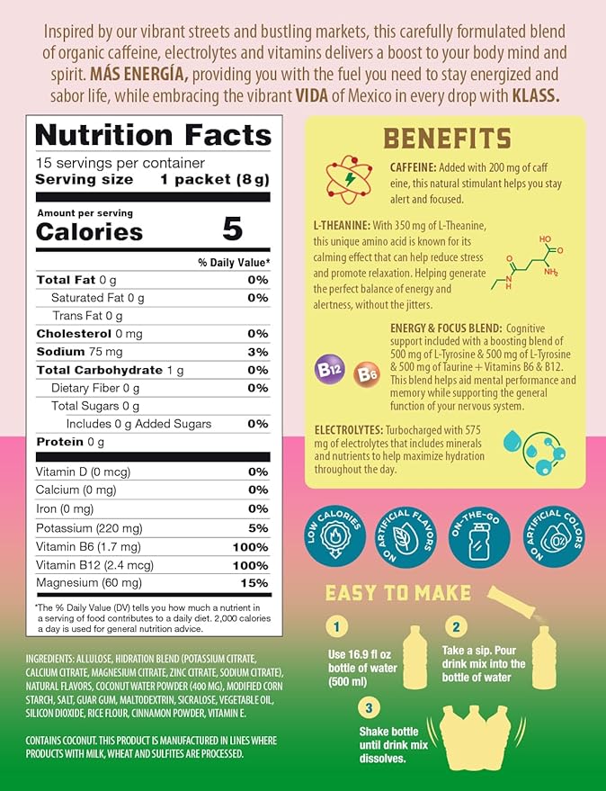 Hydration + Energy Sugar-Free Powder Packets |Electrolyte Agua Fresca Drink Mix, Caffeine & Theanine |Hibiscus, Horchata, Strawberry Watermelon |15 Single Serve Sticks |Low Calorie