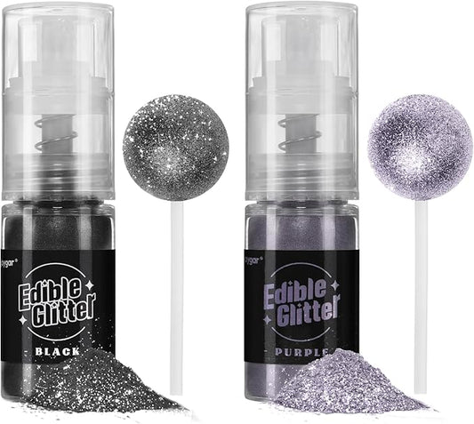 Sujoygar Edible Glitter Spray 2 Colors, Black and Purple Edible Glitter for Cocktails, Shimmer Powder Luster Dust Edible for Cake Drink Strawberrie Cupcake Cookies Haloween Baking Decoretion, Vegan(5g/Bottle)