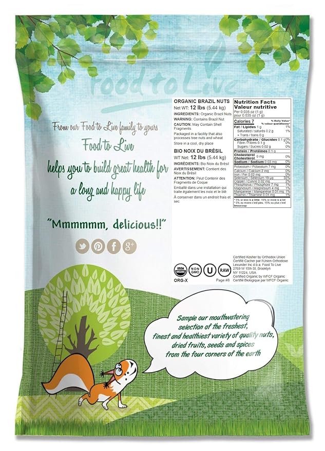 Food to Live- Food to Live Organic Brazil Nuts, 12 Pounds Non-GMO, Raw, Whole, No Shell, Unsalted, Kosher, Vegan, Keto, Paleo Friendly, Bulk, Trail Mix Snack, Good Source of Selenium.