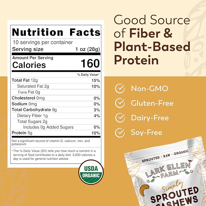 Lark Ellen Farm Unsalted Organic Raw Cashews, Sprouted, Air-Dried, Gluten-Free, Non-GMO, Vegan, Keto, Certified USDA, Peanut-Free Facility, Resealable Bag (10 oz, 6 pack)