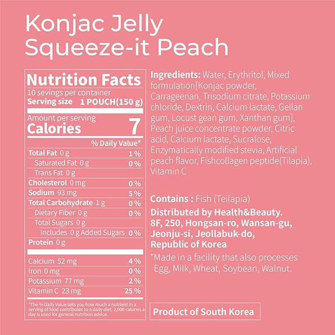 Korean Food Low Calories Squeeze Konjac Jelly, Peach Flavor, Fish Collagen, Vitamin, Zero Sugar, Chewier Texture, Health&Beauty (Net WT 5.07 oz, Pack of 10) ?¨ㅼë¹??»━
