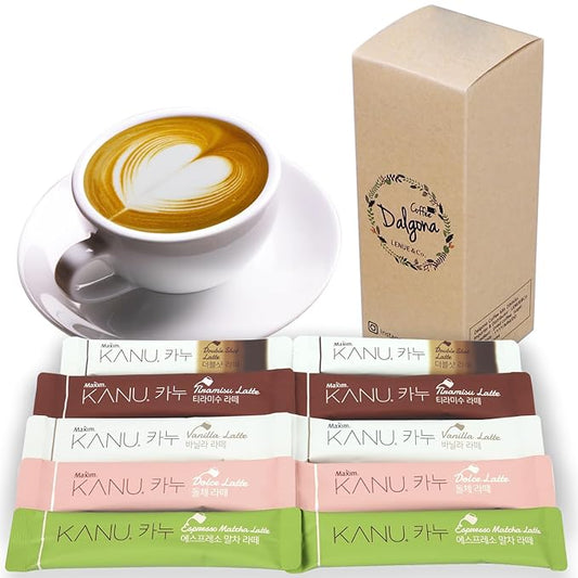 KANU Latte - Korean Maxim 3 in 1 Instant Coffee Variety Sample Packets with Gift Box Set, Camping Essentials, KANU Latte 5 Mix Combination 10 Sticks