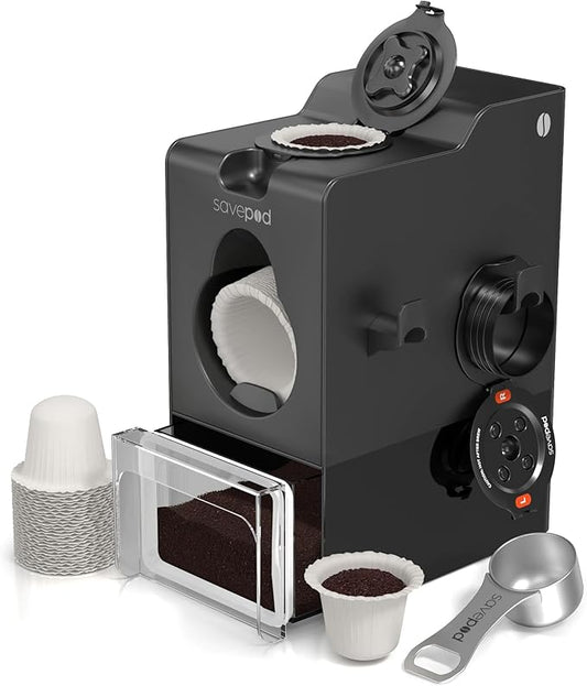 SavePod Coffee Pod Maker with Reusable Coffee Pods, Compatible with Keurig and K-Cup Coffee Machines, Smart, Easy to Use & Convenient ??Fits Most Brewers ??Includes Scoop & 100 Paper Filters (Black)