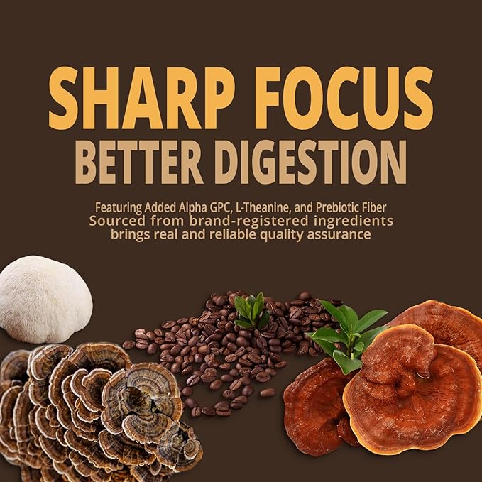 Mushroom Coffee K Cup – Focus & Gut-Health with 14-Mushrooms, Vitamins, L-Theanine and Alpha GPC, Single Serve Pods - No Crash or Jitters, 16 Count