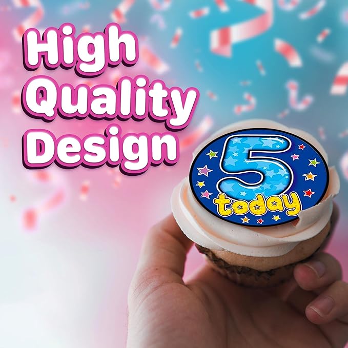 30 x Edible Cupcake Toppers Themed of Collection of Edible Cake Decorations | Uncut Edible on Wafer Sheet (5th Happy Birthday)