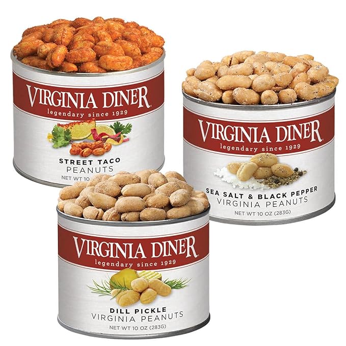 Virginia Diner Simply Savory Peanuts Gift Set Peanut Sampler with Street Taco, Sea Salt & Black Pepper, and Dill Pickle 10 Ounce (Pack of 3)