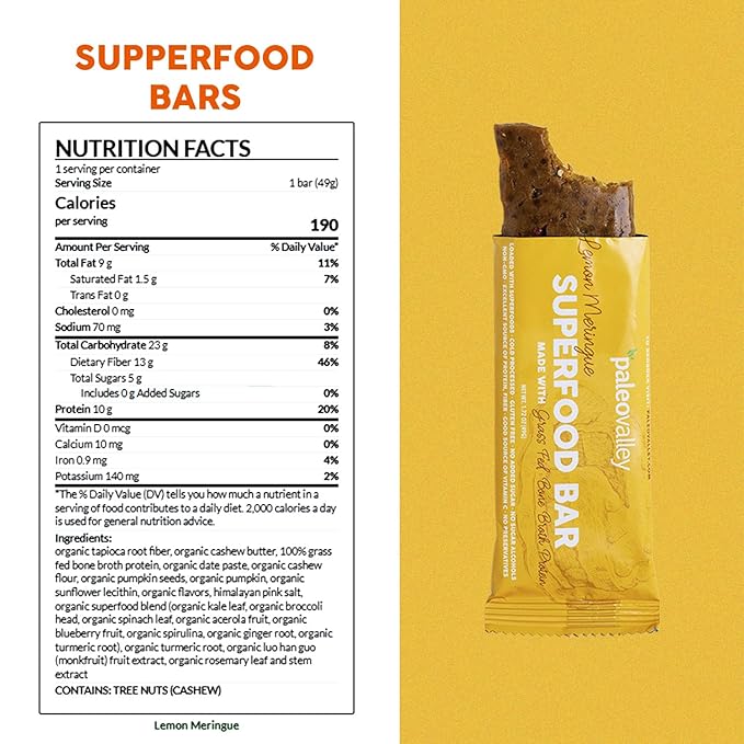 Paleovalley Superfood Bars ??Lemon Meringue??10 Pack ??9g Protein per Bar ??Gluten-Free, Grain-Free, Paleo, Non-GMO ??On-the-Go Snack