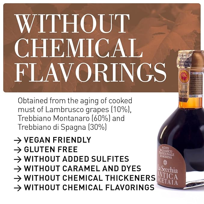 La Secchia Balsamic Vinegar of Modena, Aged a minimum 25 Years,100 ml Bottle of Italian Balsamic Vinegar Aged, With Gift Box and Blown Glass Dispenser, "Extra Vecchio??,<div>