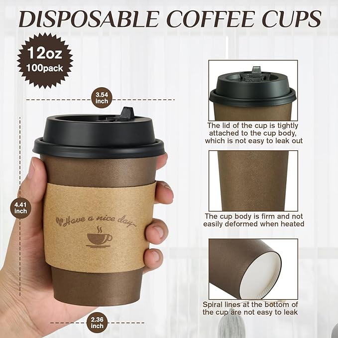 LITOPAK 100 Pack 12 oz Paper Coffee Cups with Lids, Sleeves, and Stirring Sticks for Coffee, Water, or Juice, Browm 10 Ounce Disposable Hot Paper Cups for Cafes, schools, offices, shops
