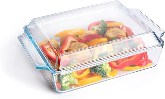 Rectangular Tempered Glass Casserole Dish, Tempered Glass Baking Dish with Glass Cover. Oven, Freezer and Dishwasher Safe. - 2 Liter