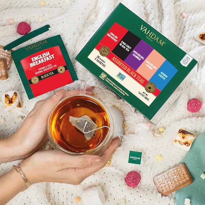 VAHDAM, Assorted Black Tea Bags Sampler (5 Flavors, 20 Ecofriendly Pyramid Tea bags) I Gift Ideas for Women & Men | Assam and Darjeeling Teas | Gluten Free & Non GMO | Gifts for Him/Her