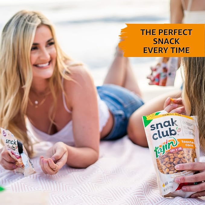 Snak Club Tajin Toasted Corn, Roasted Corn Nuggets with Chili and Lime Seasoning, Mild, Non-GMO, Gluten-Free, Kosher Snack, No Artificial Colors or Flavors, Low Cholesterol, 11 oz Resealable Bag