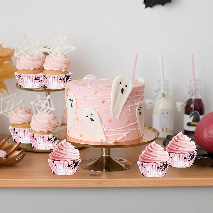 300Pcs Halloween Cupcake Liner Pink Boo Ghost Baking Cup Paper Muffin Cupcake Wrapper for Trick or Treat Party Supplies