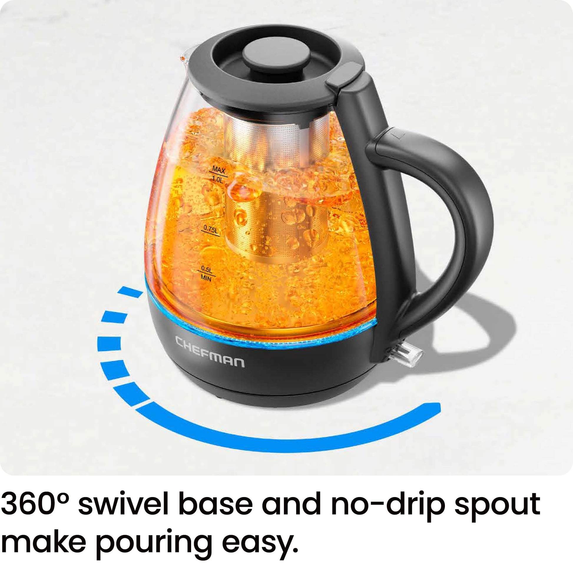 Chefman Electric Kettle with Tea Infuser, Compact 1L (4 Cups), 1500W, Removable Lid for Easy