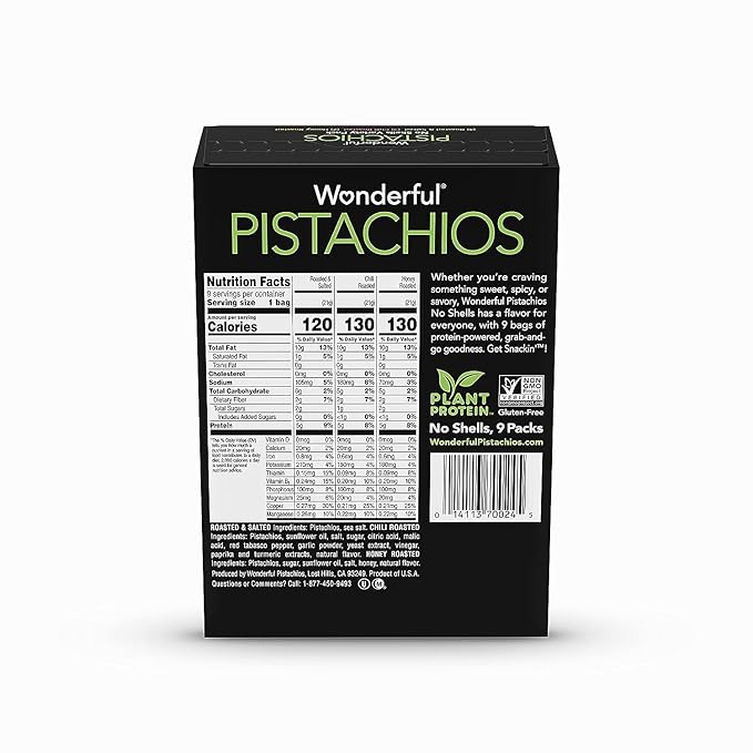 Wonderful Pistachios No Shells, 3 Flavors Mixed Variety Pack of 9 (0.75 Ounce), Roasted & Salted Nuts (4), Chili (3), Honey (2), Protein Snacks, Gluten Free, Pantry Staples, Healthy Snacks Variety Pack for Adults, Stocking Stuffers