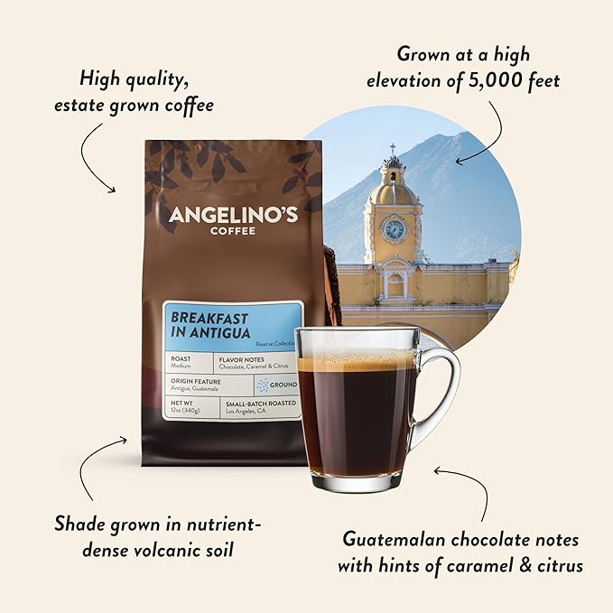 Angelino's Coffee Breakfast Blend Coffee, 12oz Ground, Medium Roast Reserve, Guatemalan Guatemala Coffee with Chocolate Notes, Hints of Caramel and Citrus, Premium Experience - Breakfast in Antigua