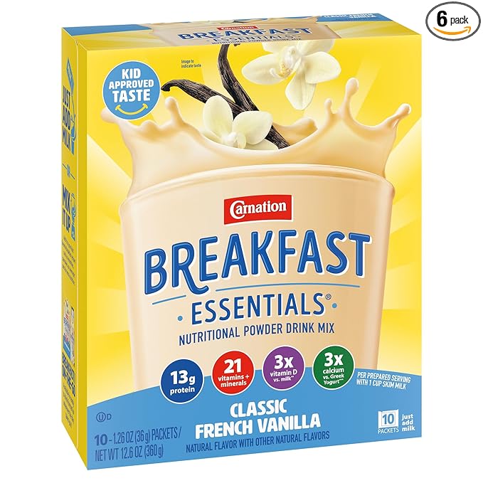 Carnation Breakfast Essentials Powder Drink Mix, Classic French Vanilla, 10 Count Box of 1.26 Ounce Packets (Pack of 6)
