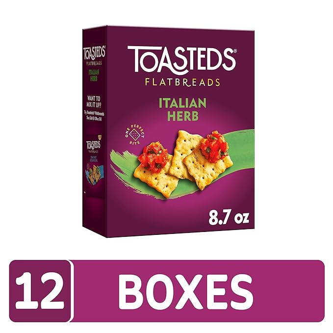 Toasteds Flatbreads Crackers, Party Snacks, Lunch Snacks, Italian Herb (12 Boxes)