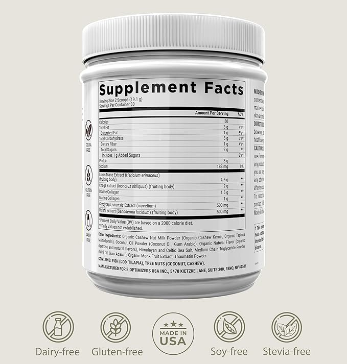 BIOptimizers Mushroom Coffee Alternative ??Salted Caramel Drink ??Lion?™s Mane, Chaga, Reishi + Collagen Peptides for Focus, Energy & Gut Health ??Adaptogenic Mushrooms & MCT Powder ??30 Servings
