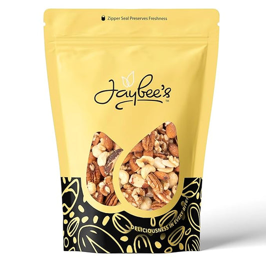 Jaybee's - Raw Deluxe Mixed Nuts Unsalted 3 Pound | Almonds, Cashews, Pecans, Walnuts, Brazil Nuts, Macadamia | Fresh, Unsalted, Natural Variety | Resealable Bulk Snack Pack