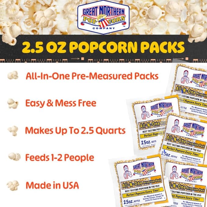 2.5oz Popcorn Machine Popcorn Packets - All-in-One Movie Theater Style Kernels, Salt, and Oil Packs by Great Northern Popcorn (24 Case)