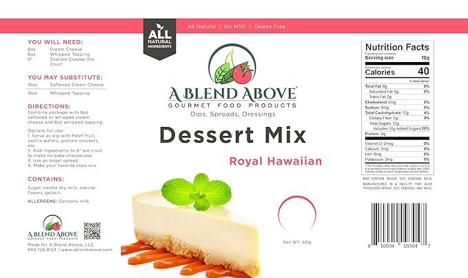 A Blend Above Royal Hawaiian Cheesecake Mix - No-Bake Desserts, All Natural, Vegan, Gluten Free, No MSG - Instant Dessert Mix, Fruit Dip, Bagel Topping, Frosting, Cheesecake Filling - Makes 16 Oz (Pack of 3)