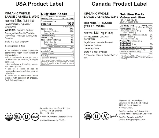 Food to Live Organic Cashews, 4 Pounds ??Whole, Size W-240, Unsalted, Non-GMO, Kosher, Raw, Vegan, Bulk