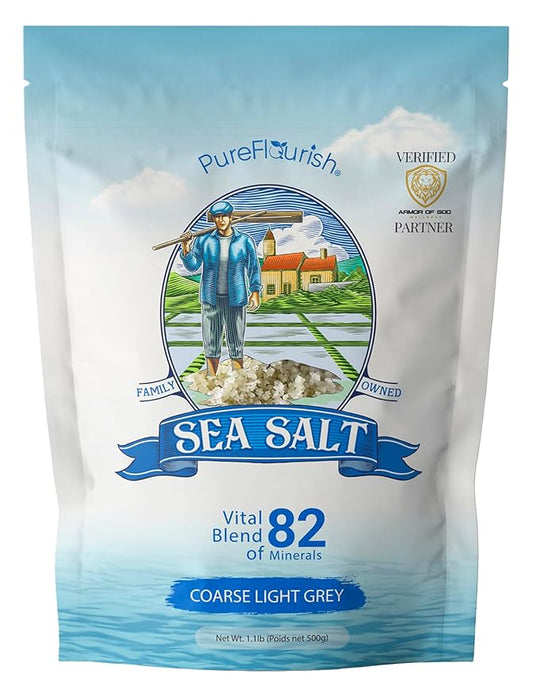 Pure Flourish Coarse Sea Salt 1.1 LB | Certified French Harvest & Import | Organic & Unrefined | Rich in 82 Essential Minerals | Hand Harvested Light Grey Coarse Salt Crystals from France
