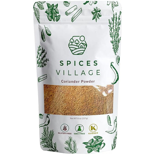 SPICES VILLAGE Ground Coriander, Dried Coriander Seeds Powder, 8 oz, Kosher Certified, All Natural Roasted Indian Spice for Seasoning and Cooking, Gluten Free, Non GMO, Resealable Bulk Bag