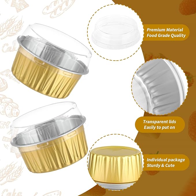 200Pack 5oz Gold Mini Cake Pans with Lids and Spoons Baking Cups Aluminum Foil Tins, Individual Round Dessert Cups Containers for Sales,Party,Picnics