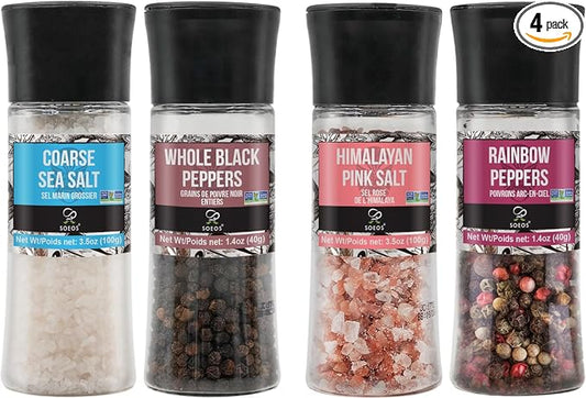 Soeos Spice Seasoning Set of 4, 9.8oz(277.82g), With Integrated Grinders, Salt and Pepper Grinder Set, Pure and Fresh Perfect for BBQ Seasoning Gift Set, Grilling Spice, Herb, Spice & Seasoning Gifts