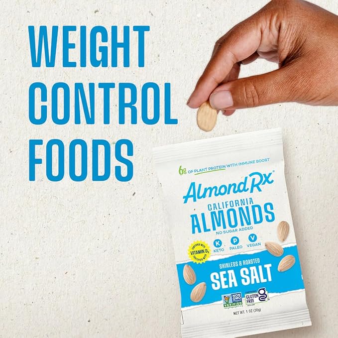 AlmondRx | Heart Healthy Skinless Lightly Salted California Almond Snack Packs | Fortified with Vitamin D | Plant Protein | Keto | Vegan | No Sugar Added (12 Pack, Sea Salt)