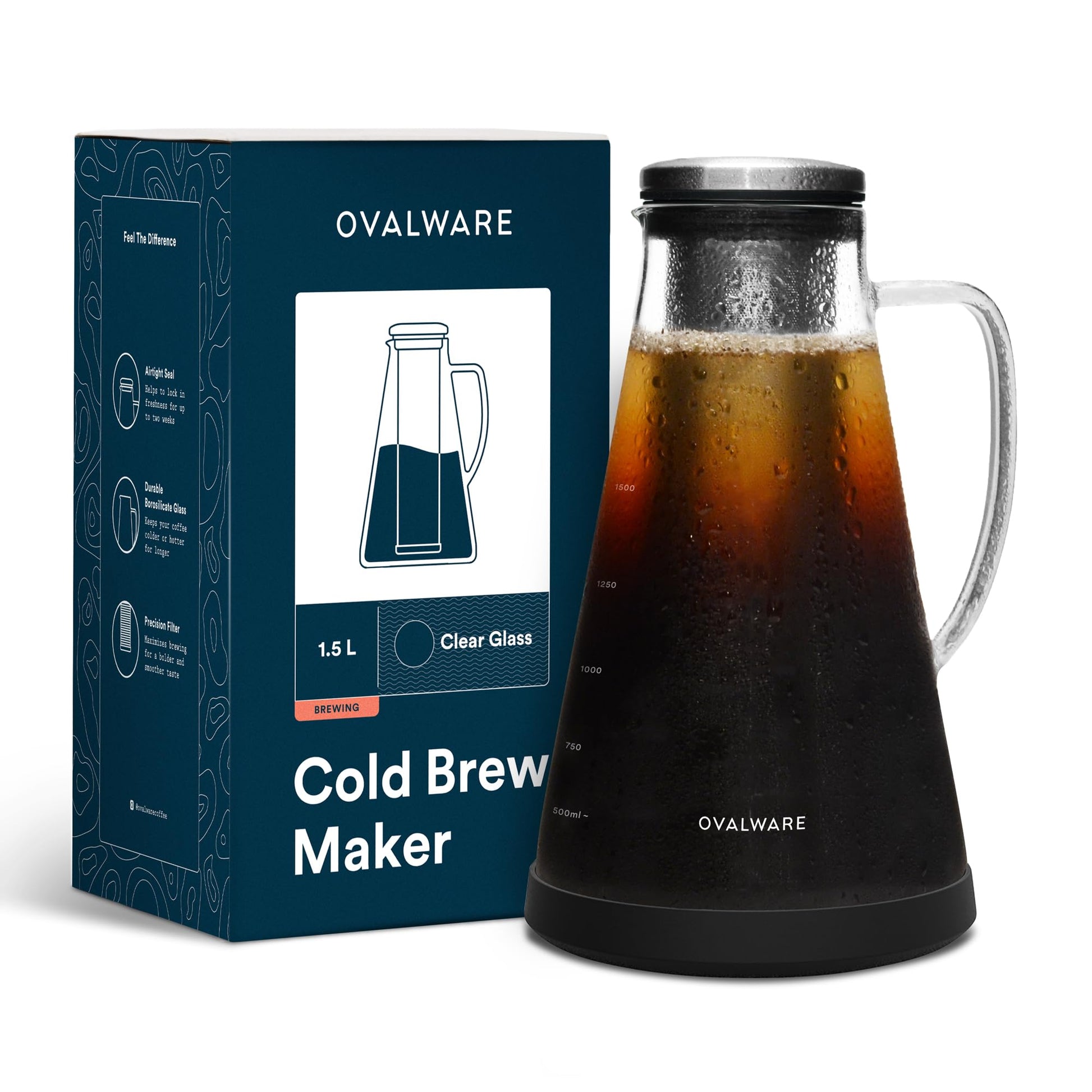 OVALWARE Airtight Cold Brew Iced Coffee Maker Pitcher (& Iced Tea Maker) with Spout – 1.5L/ 51oz