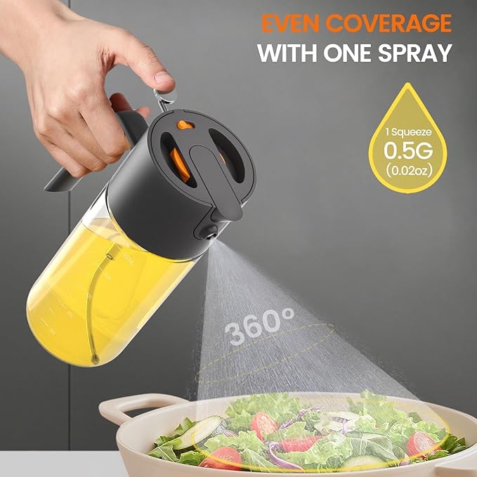 Oil Sprayer for Cooking, 2025 Large Advanced Olive Oil Dispenser Bottle,500ml/17oz Glass Olive Oil Sprayer,2 in 1 Even Spray with Portion Control for Kitchen, Air Fryer, Salad, BBQ - Black