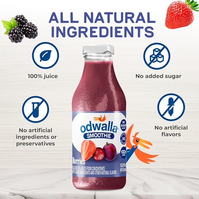 Odwalla Berries Smoothie - Fruit Smoothie Mix Ready to Drink - Juice Blend, No Added Sugar, No Preservatives - 13.9 oz Glass Bottles (12 Pack)