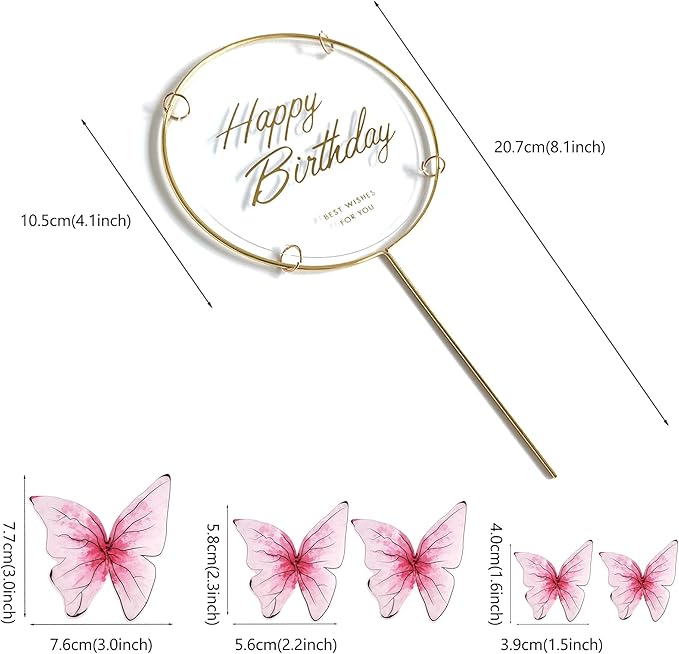 11-Piece Red Butterfly Cake Toppers Set: 1 Gold Metal Frame Happy Birthday Cake Topper & 10 Butterfly Cake Toppers (1.5-4 inches)