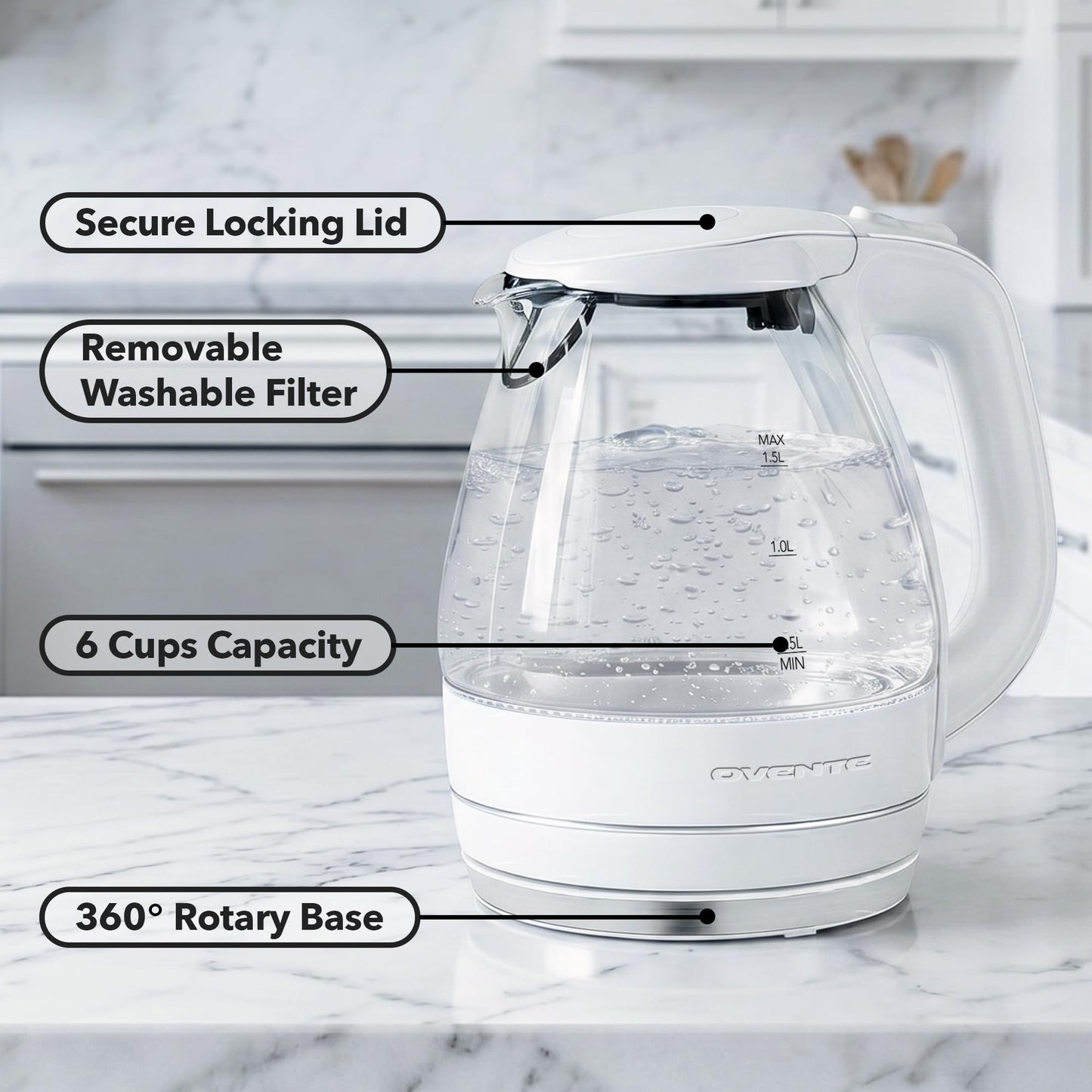 OVENTE 1.5L Glass Electric Kettle Water Boiler, White KG83W