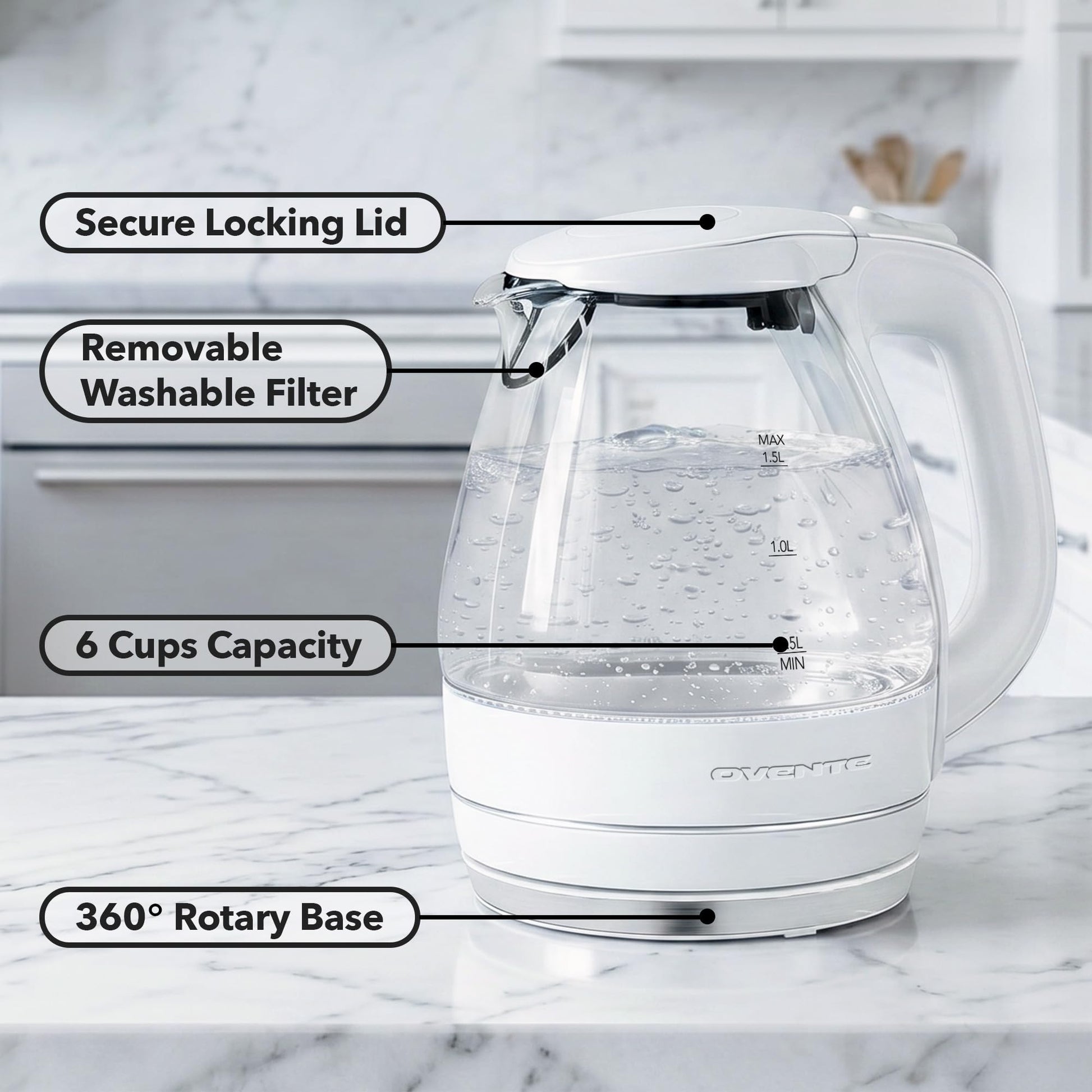 OVENTE 1.5L Glass Electric Kettle Water Boiler, White KG83W