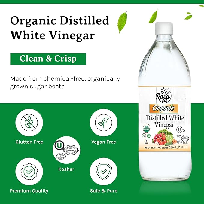 De La Rosa Organic Distilled White Vinegar, Raw & Unfiltered, Kosher for Passover, Vegan & Gluten Free, Great for Salad Dressing, Marinades, White Distilled Vinegar 32 Oz (Pack of 1)