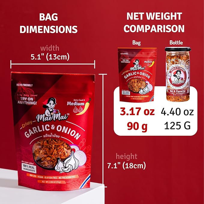 MaeMai Chili Crisp (MEDIUM HOT Spice) - Spicy Umami Onion & Garlic Flakes - All-Purpose Seasoning, Topper | Chili oil WITHOUT THE OIL. Crunchy condiment for rice seasoning, ramen topping | 9.51oz (3-PACK)