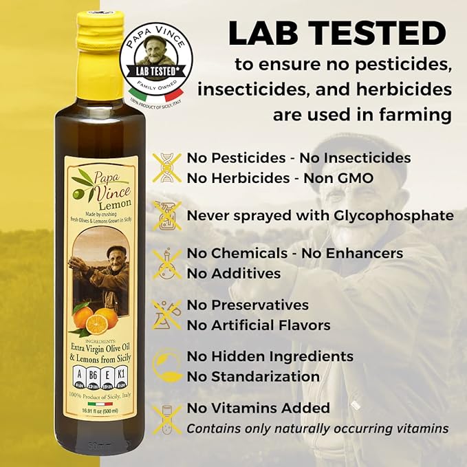 Papa Vince Olive Oil Extra Virgin - First Cold Pressed, Polyphenol Rich Olive Oil (EVOO). Lemon Agrumato, Unfiltered, Single Sourced, Glass Bottle, Family made, Sicily, Italy