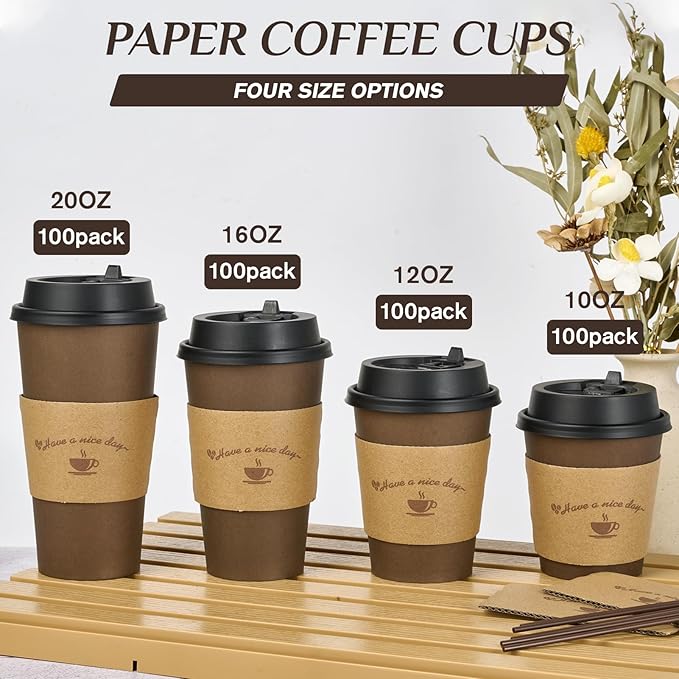 LITOPAK 100 Pack 12 oz Paper Coffee Cups with Lids, Sleeves, and Stirring Sticks for Coffee, Water, or Juice, Browm 10 Ounce Disposable Hot Paper Cups for Cafes, schools, offices, shops