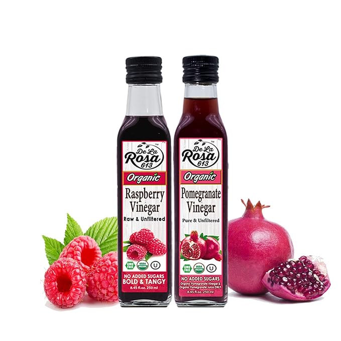 De La Rosa Organic Raspberry & Pomegranate Vinegar, Raw & Unfiltered, Vegan, Gluten Free & Kosher, Great for Organic Salad Dressing and Marinades, 100% Pure Vinegars 8.45 Oz (Pack of 2)