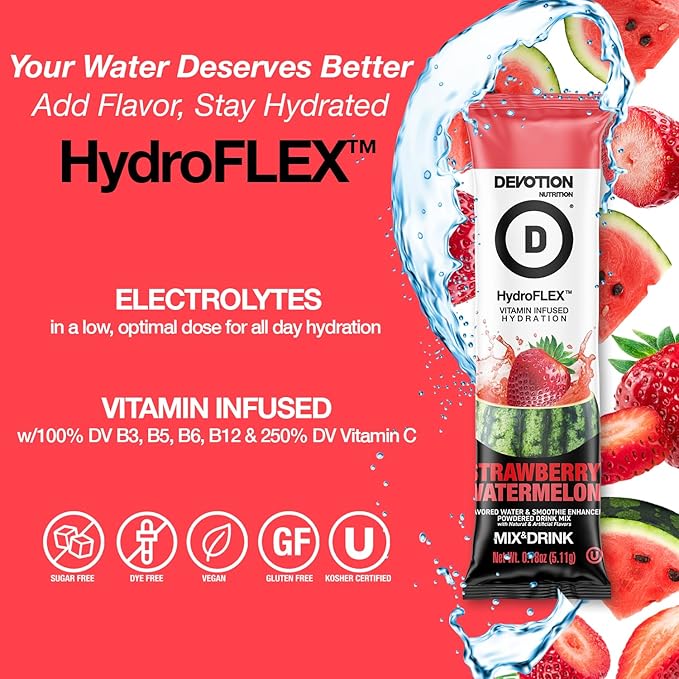Devotion Nutrition HydroFLEX Water Flavoring Packets ??Sugar-Free Hydration with Vitamins & Electrolytes ??Dye-Free, Gluten-Free (Strawberry Watermelon) 12-Pack Drink Mix