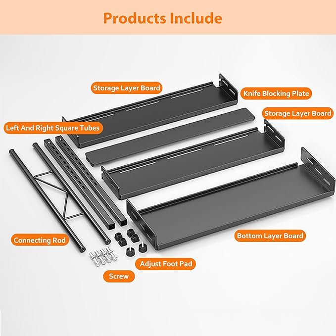 VORA Spice Organization for Cabinet, 2-Tier Metal Height-Adjustable Kitchen Countertop Spice Cabinet Organizers, Rust-Proof Kitchen Counter Shelf with Guardrail & Knife Block for Pantry