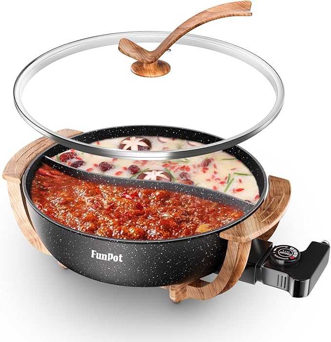 5-Temp Electric Hot Pot with Wood Grain Handles, 6L Family Size, 1100W Rapid Heating, PTFE Non-Stick Coating & Dry-Burn Protection, Dual Divider for Hot & Mild Broths