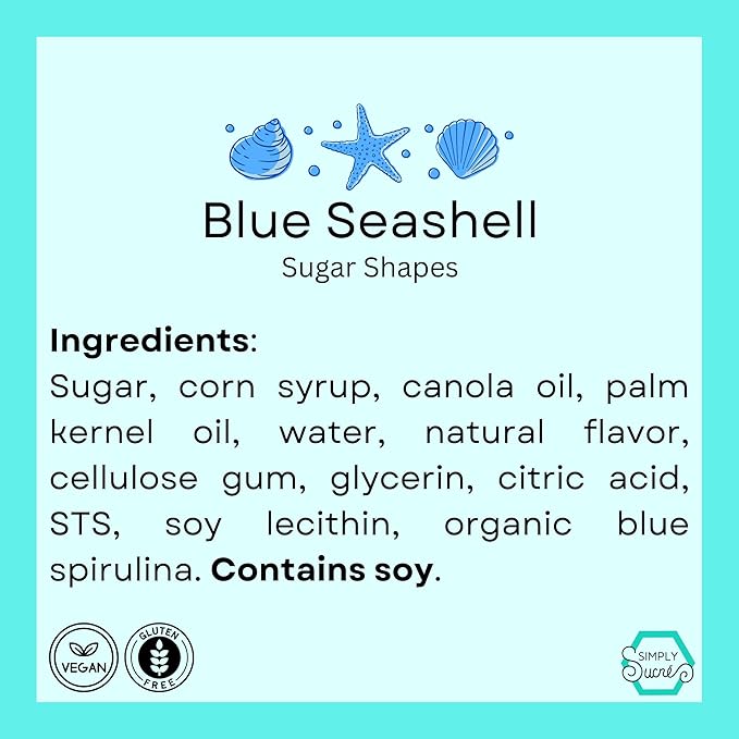 15 Dye Free Seashell Edible Cake Decorations, Vegan, Gluten-Free, Edible Cake Toppers for Cupcakes, Cookies & Desserts, by Simply Sucrì±?(45 Pieces (Bulk Box), Blue)