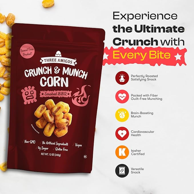 Three Amigos Corn Nuts Suger Free, 100% Vagan, Peanut Free Non-GMO (All Natural Ingredients) Guilt-Free snacking Toasted Corn Kernels in Reseable Bag - Crunchy & Munch Snack (12 OZ) (12 oz, Smooked BBQ)