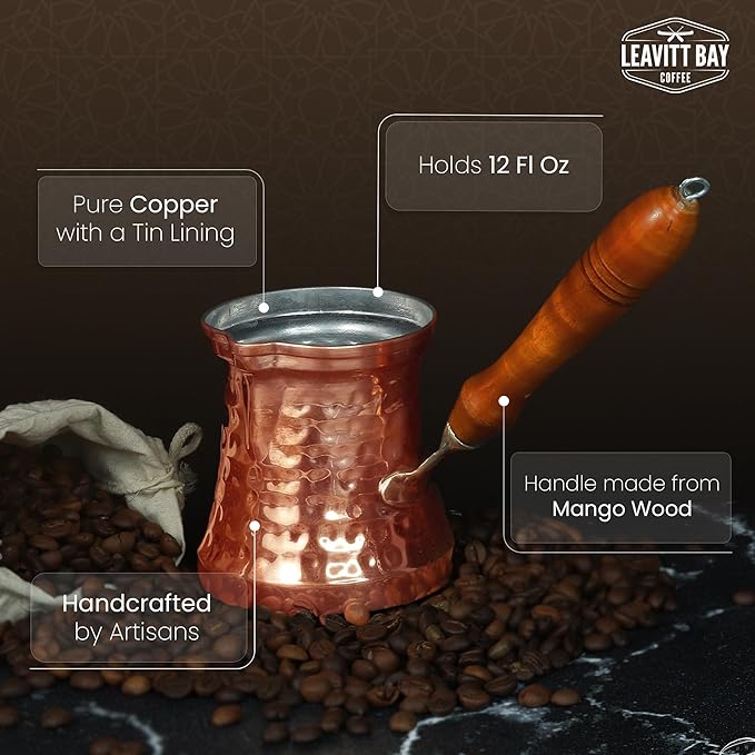 12oz Cezve Turkish Coffee Pot - Copper Turkish Ibrik, Greek Coffee Maker, Coffee Pot with Mango Wood Handle, Ideal for Authentic Turkish, Greek, Arabic Coffee