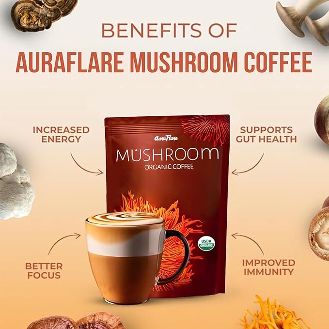 AuraFlare Organic Mushroom Coffee with 7 Adaptogens | USDA Organic Instant Coffee for Energy, Focus, Digestion, Immunity | Cordyceps, Reishi, Lion’s Mane | 30 Servings (1 Pack) + FREE FROTHER